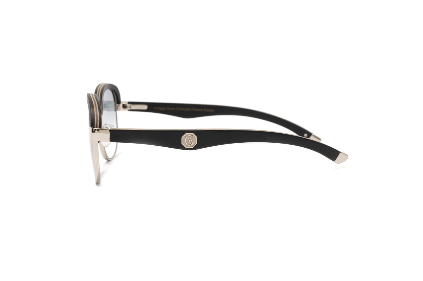 Highroller black wood frame sunglasses with a silver rim and grey gradient lenses with anti reflective coating by Vintage Wood Collection 