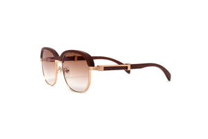 18KT gold full rim men's sunglasses with a brown wood rim and brown wood temples and gradient brown lenses by VWC Eyewear