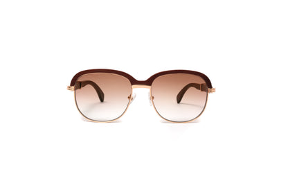 18KT gold full rim men's sunglasses with a brown wood rim and brown wood temples and gradient brown lenses by VWC Eyewear
