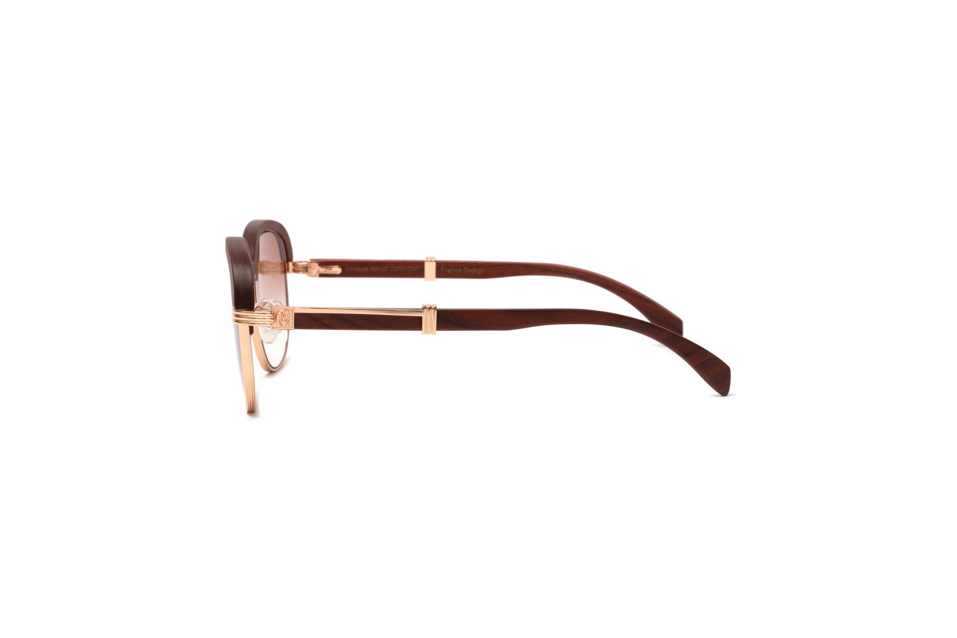 18KT gold full rim men's sunglasses with a brown wood rim and brown wood temples and gradient brown lenses by VWC Eyewear