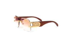 24kt gold plated Legend rimless wood sunglasses with brown cherry wood temples and gradient brown tinted lenses, Urban men's hip hop eyewear, Popsmoke glasses, Cartier style glasses