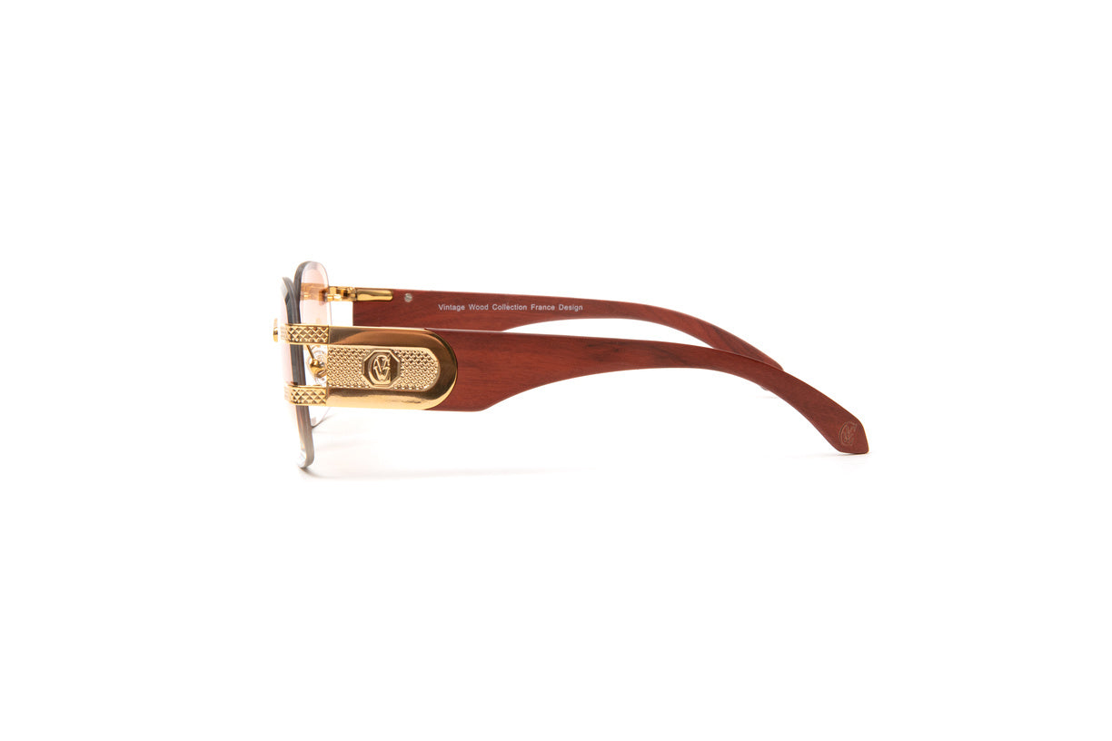 24kt gold plated Legend rimless wood sunglasses with brown cherry wood temples and gradient brown tinted lenses, Urban men's hip hop eyewear, Popsmoke glasses, Cartier style glasses