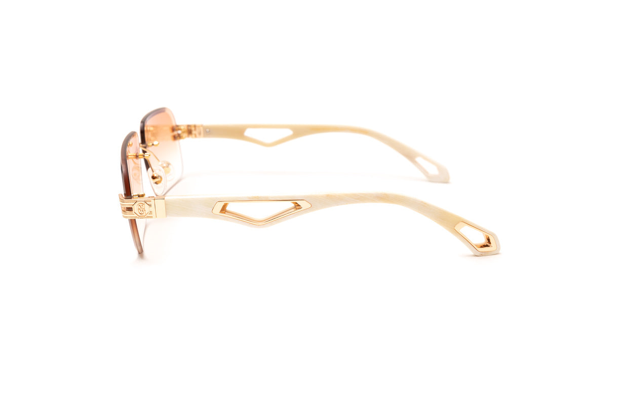 Maybach style rimless sunglasses for men made with 24KT gold and white buffalo horn with gradient brown rectangular lenses by VWC Eyewear
