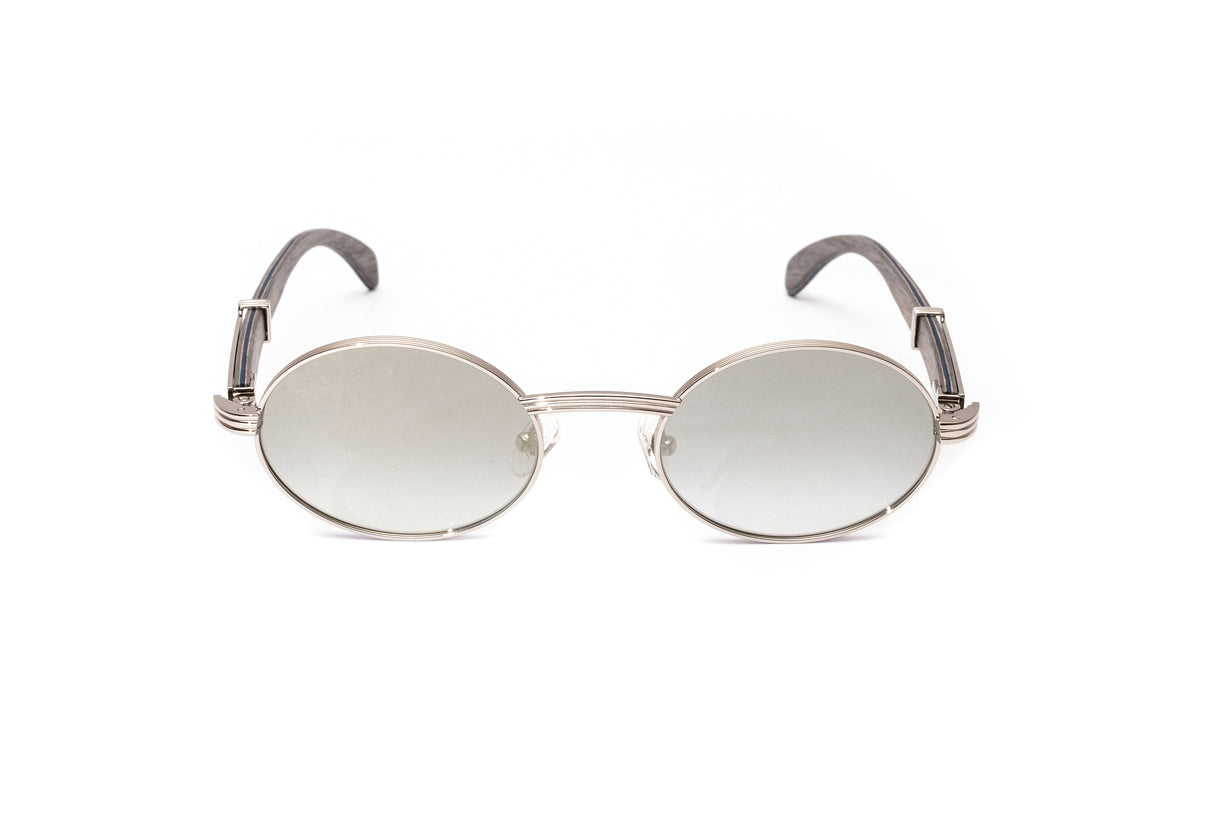 Vintage Cartier look alike sunglasses with a full rim silver frame and grey wood temples with gradient grey mirrored lenses by Vintage Wood Collection 