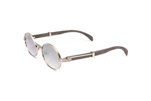 Vintage Cartier look alike sunglasses with a full rim silver frame and grey wood temples with gradient grey mirrored lenses by Vintage Wood Collection 