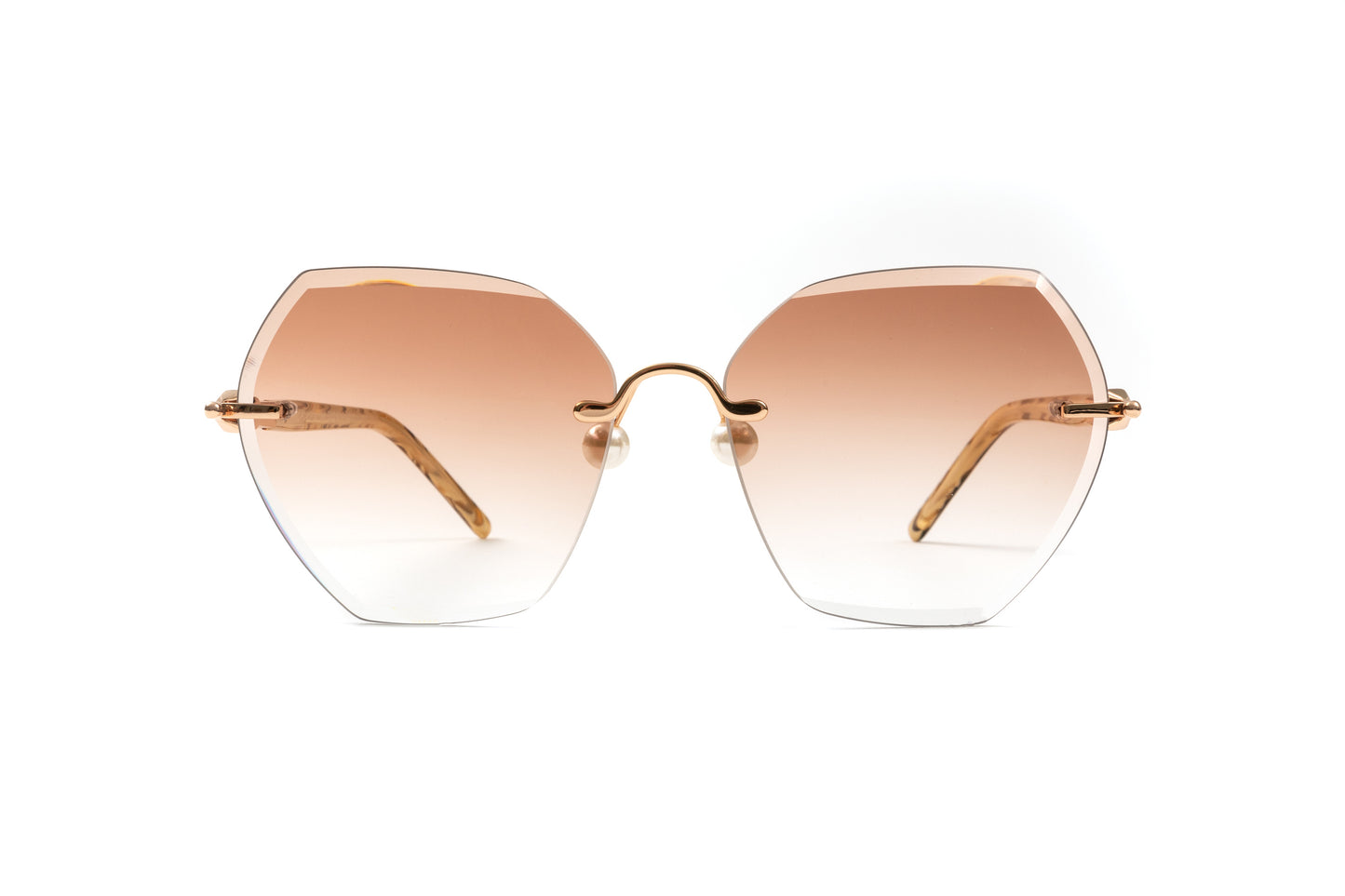 PEARL COLLECTION 18KT Gold & Tortoiseshell Acetate Sunglasses, Gradient Brown Hexagon Lenses