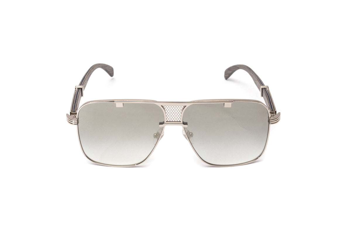 Brigade full rim square sunglasses with grey wood temples and silver frame with gradient grey mirrored lenses by Vintage Wood Collecion eyewear