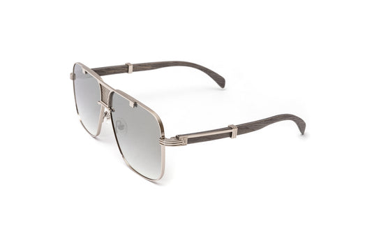 Brigade full rim square sunglasses with grey wood temples and silver frame with gradient grey mirrored lenses by Vintage Wood Collecion eyewear