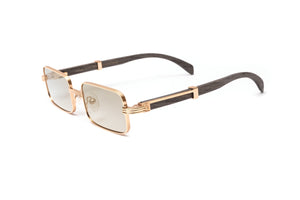 Grey wood and rose gold rectangular full rim sunglasses similar to Premiere de Cartier by Vintage Wood Collection eyewear