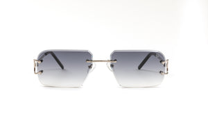 front view of silver classic c rimless frames with rectangular gradient grey lenses
