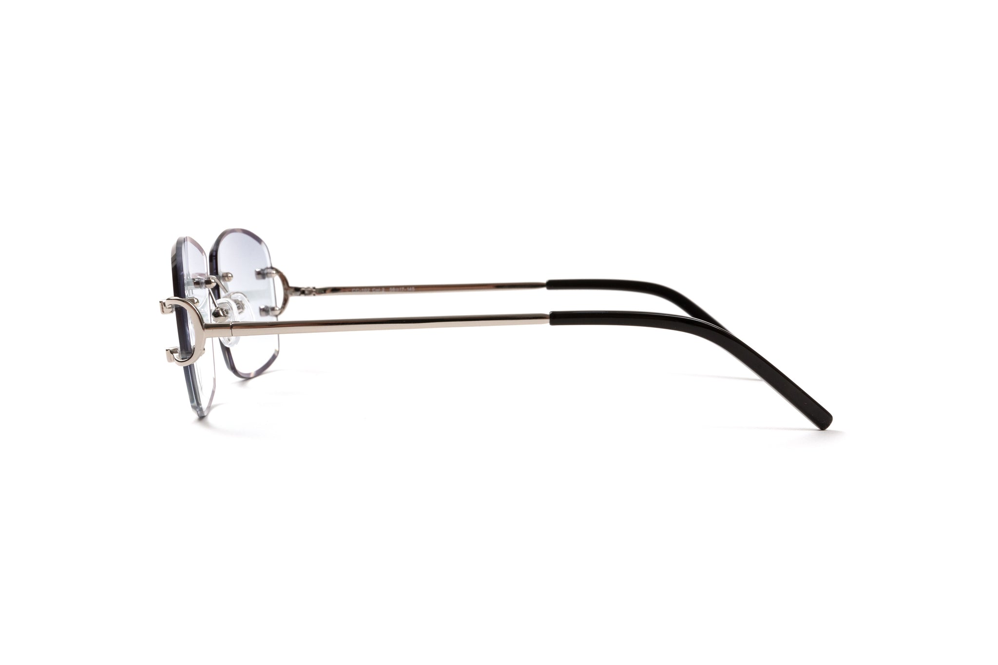 side view silver classic c rimless sunglasses with gradient grey bevel lenses