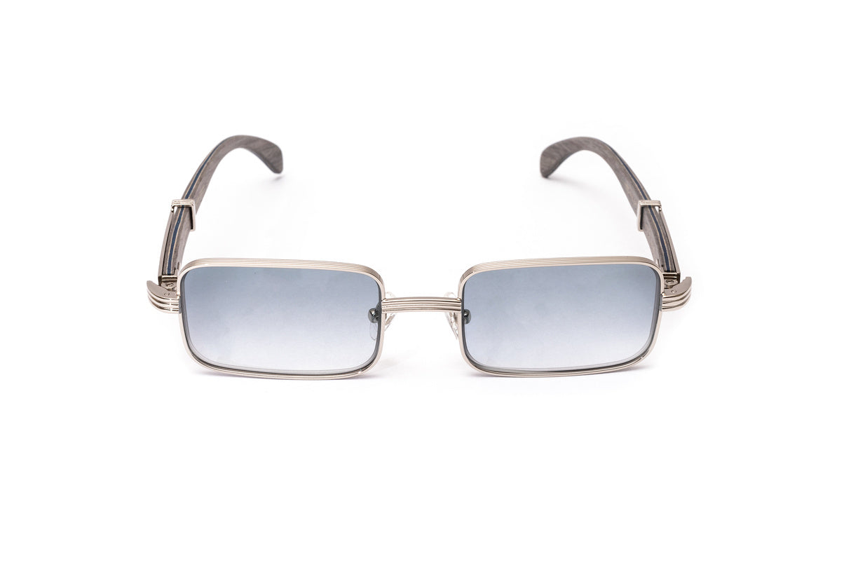 Brigade sunglasses by Vintage Wood Collection with a silver rectangular frame and grey wood temples with gradient grey lenes