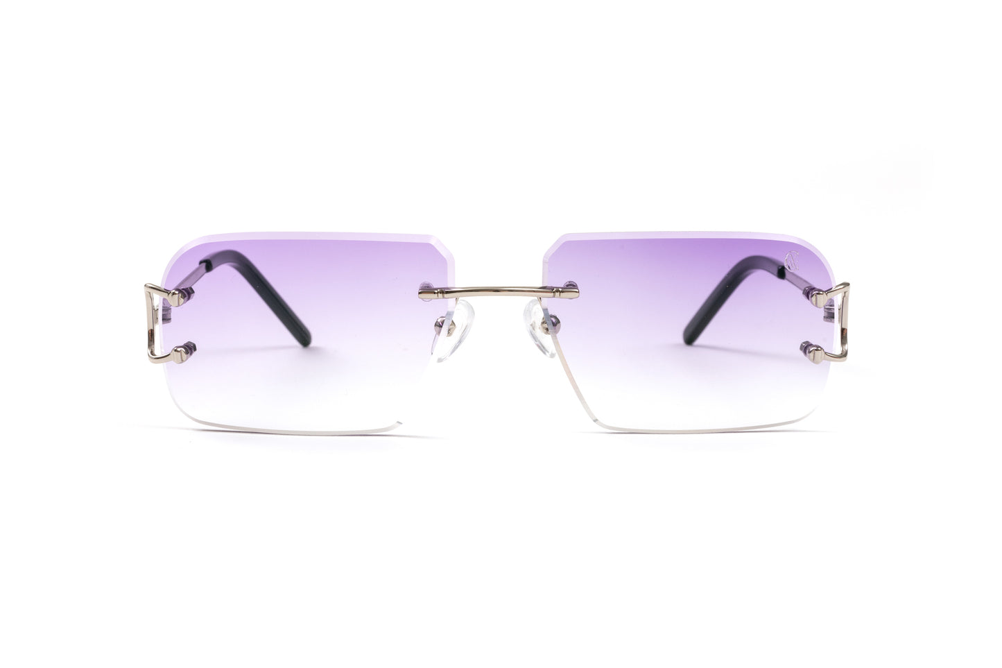 front view of rimless silver classic c sunglasses with rectanuglar gradient purple lenses 