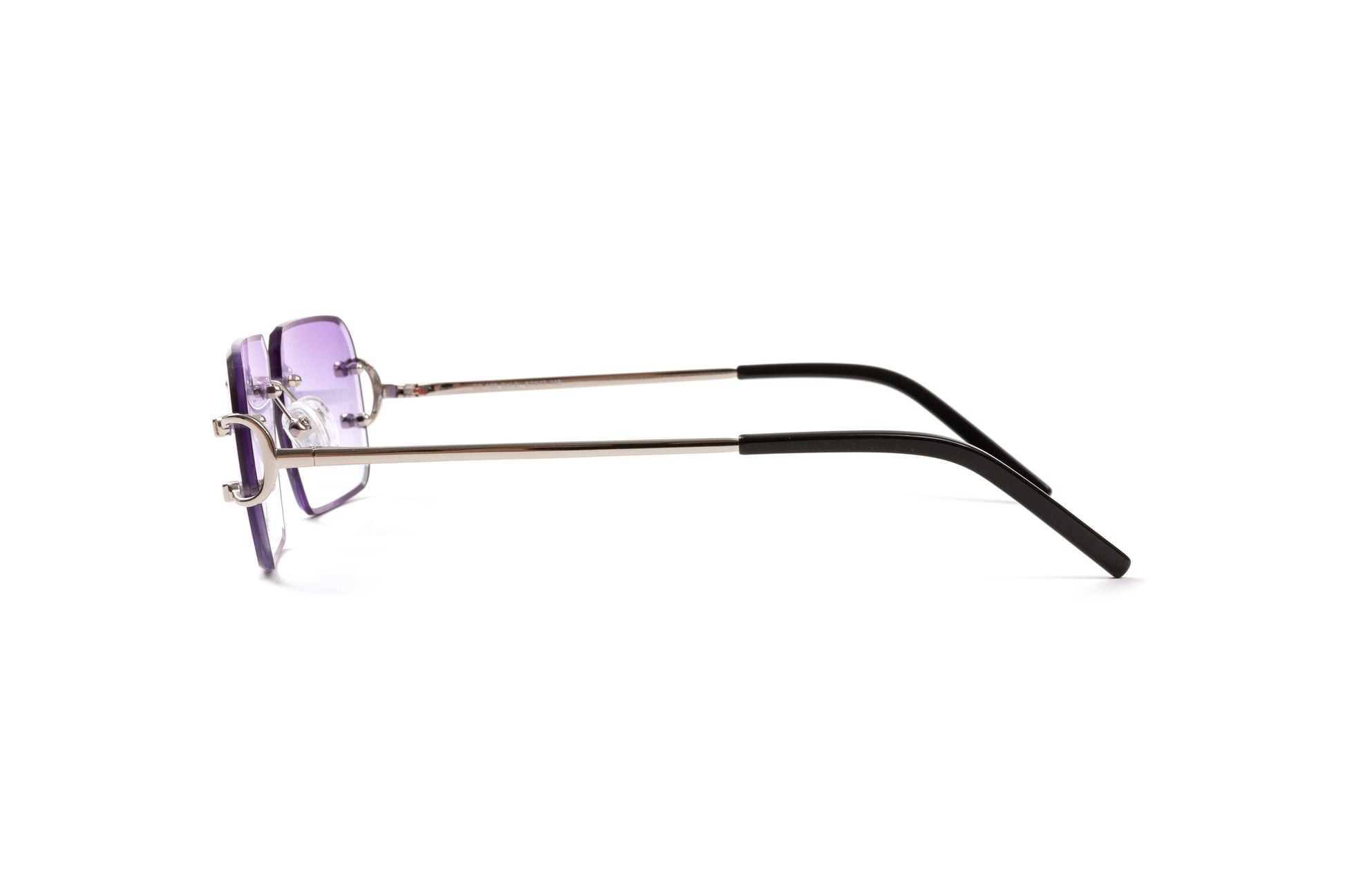side view of classic c rimless frames with gradient purple lenses 