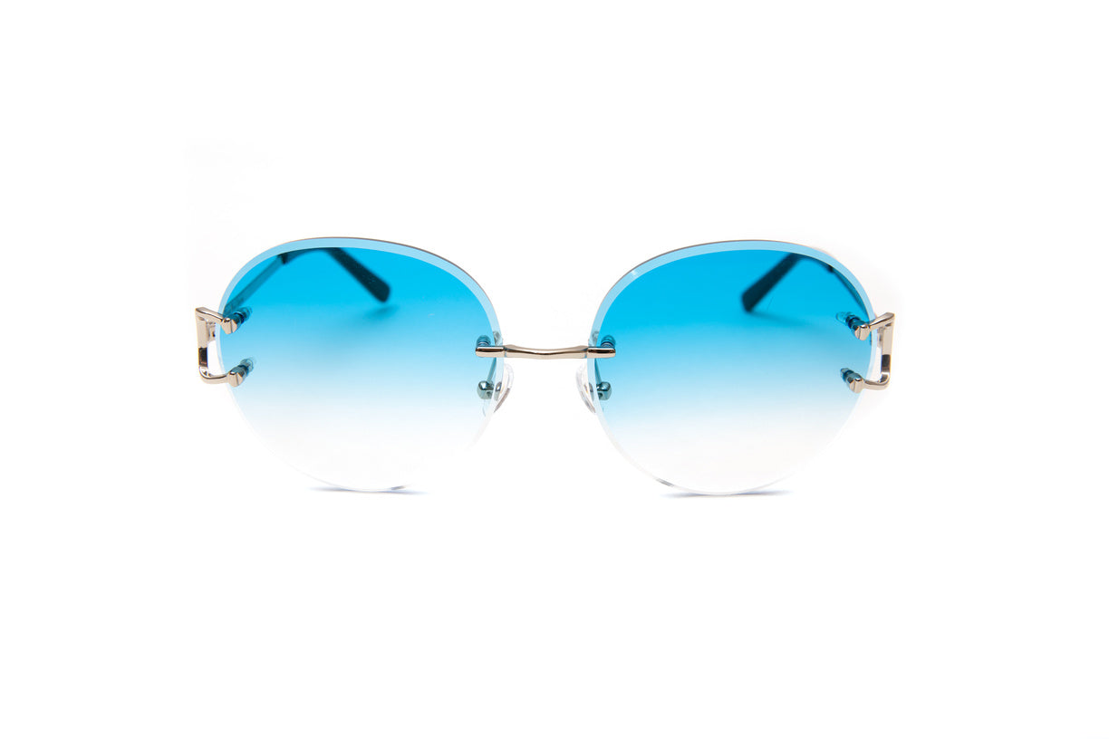 Silver rimless round Cartier style Classic C sunglasses with gradient blue beveled lenses by Vintage Wood Collection