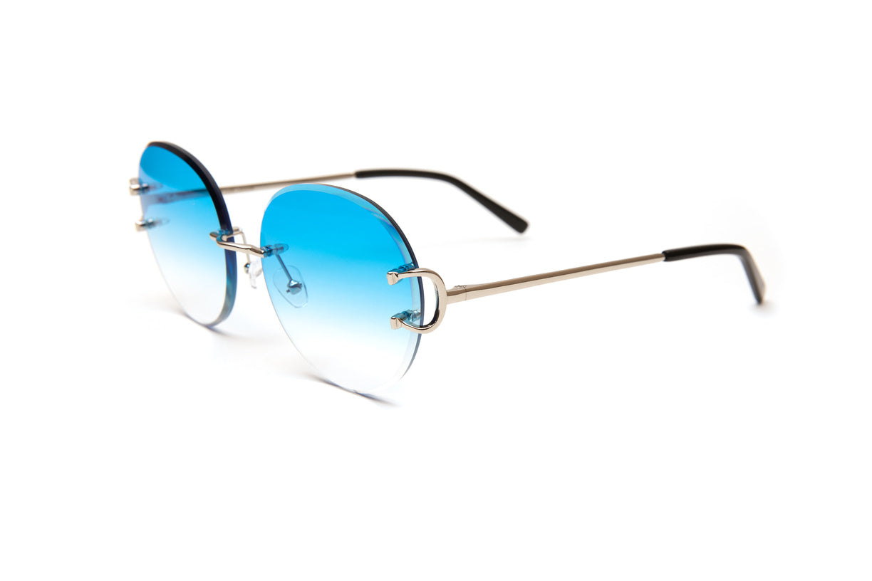 Silver rimless round Cartier style Classic C sunglasses with gradient blue beveled lenses by Vintage Wood Collection