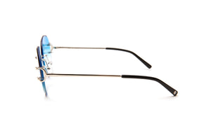 Silver rimless round Cartier style Classic C sunglasses with gradient blue beveled lenses by Vintage Wood Collection