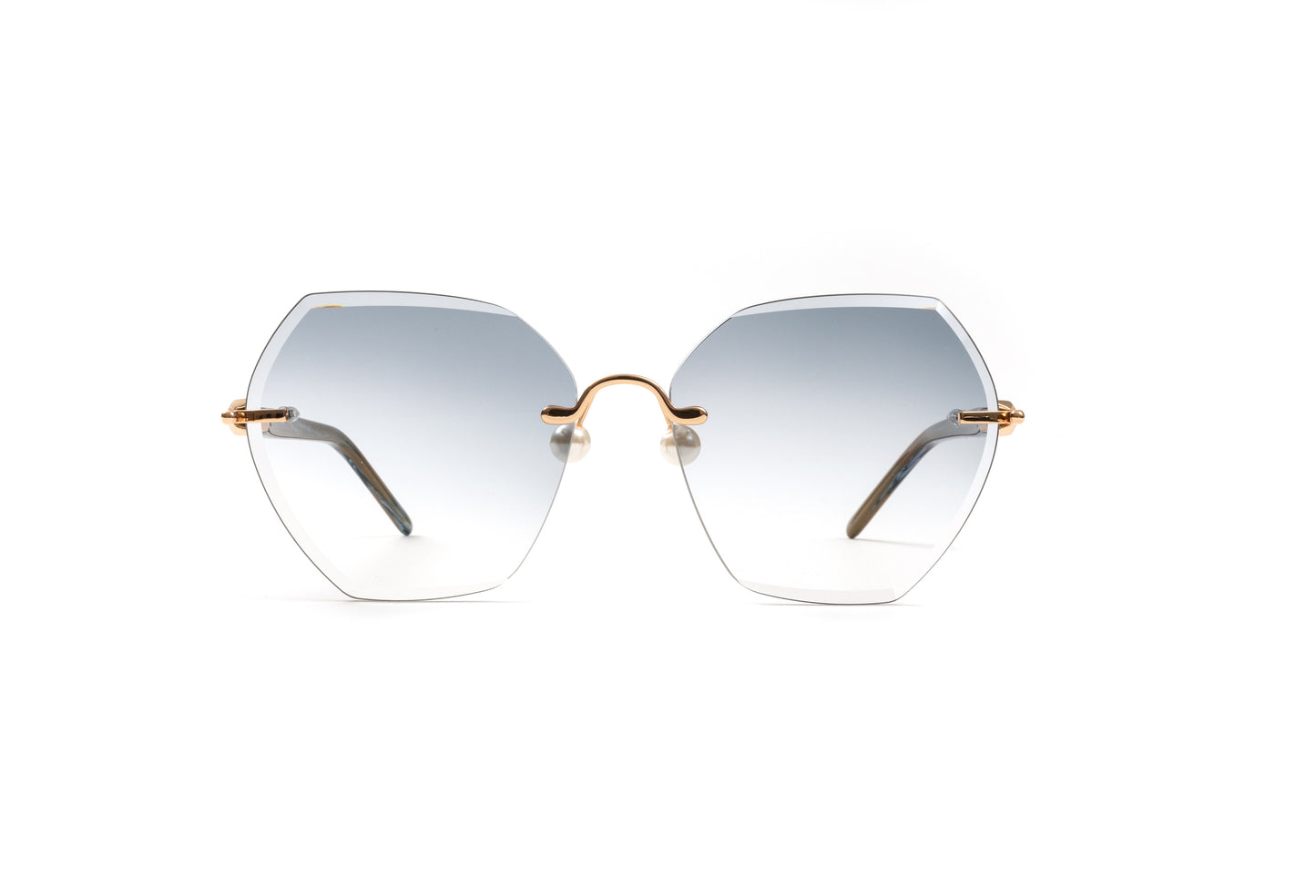 PEARL COLLECTION 18KT Gold & Brown/Blue Acetate Sunglasses, Gradient Grey Hexagon Lenses