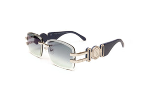 Navy blue wood rimless sunglasses with silver hardware and beveled gradient grey lenses by Vintage Wood Collection