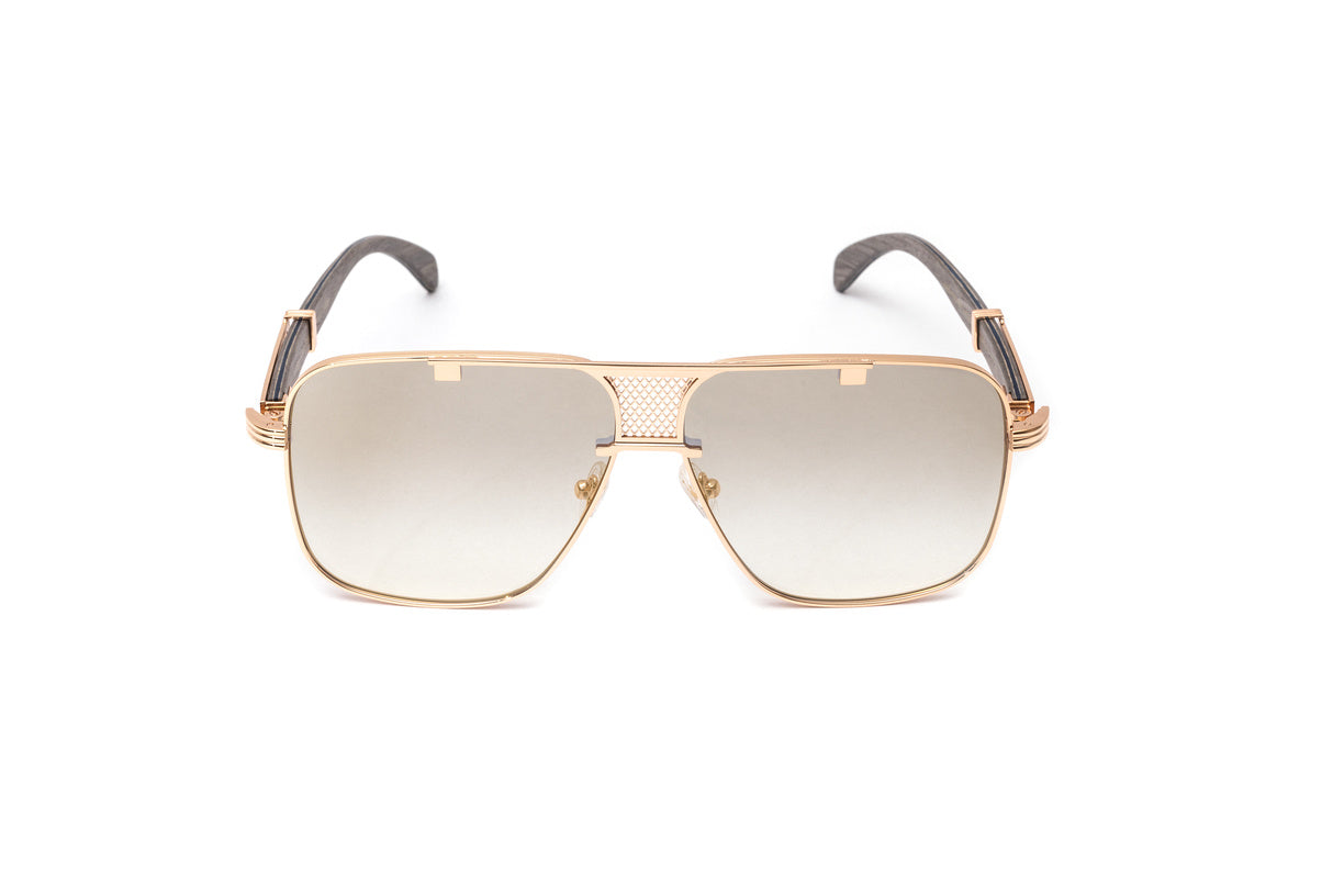 Brigade full rim square sunglasses with grey wood and 24KT rose gold frame and gradient brown lenses by Vintage Wood Collection eyewear