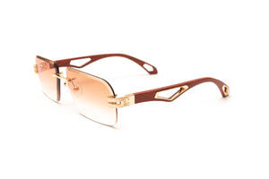 Rimless 24KT gold and brown cherry wood sunglasses with gradient brown beveled lenses by VWC Eyewear comparable to Maybach President sunglasses