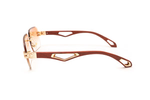 Rimless 24KT gold and brown cherry wood sunglasses with gradient brown beveled lenses by VWC Eyewear