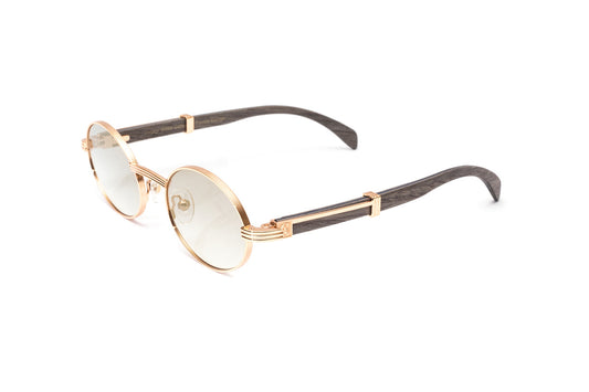 24KT rose gold full rim oval and grey wood Brigade sunglasses by Vintage Wood Collection similar to Premiere de Cartier eyewear