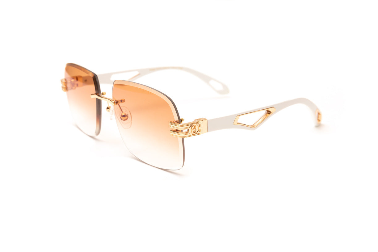 Rimless 24KT gold men's sunglasses with white wood temples and gradient brown square beveled lenses by Vintage Wood Collection eyewear. Comparable to Maybach President sunglasses.