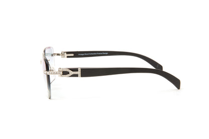 Vintage Wood Collection swarovski crystal stone sunglasses with black wood temples and gradient grey lenses, cartier diamond frames for men