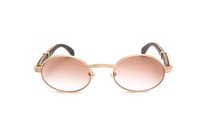 24KT rose gold oval sunglasses with black wood temples and gradient brown lenses by Vintage Wood Collection