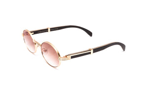24KT rose gold oval sunglasses with black wood temples and gradient brown lenses by Vintage Wood Collection