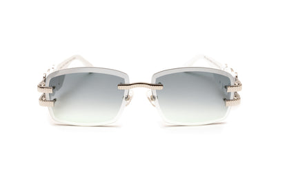 Silver and white wood rimless sunglasses with double gradient grey and green lenses by VWC Eyewear