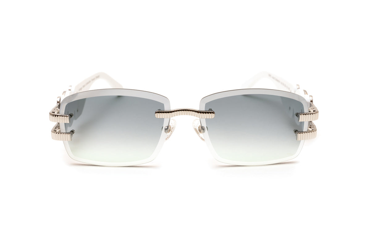 Silver and white wood rimless sunglasses with double gradient grey and green lenses by VWC Eyewear