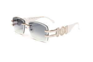 Silver and white wood rimless sunglasses with double gradient grey and green lenses by VWC Eyewear