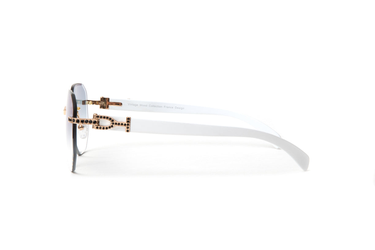 Cartier style black Swarovski stone sunglasses with white wood temples and rimless aviator gradient grey lenses by Vintage Wood Collection