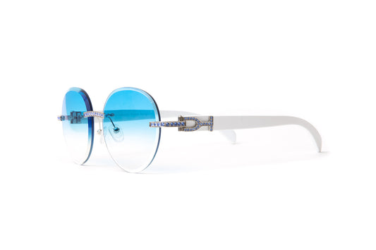 Blue Swarovski diamond sunglasses with white wood temples similar to Cartier and round gradient blue lenses by VWC Eyewear