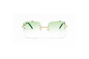 cartier gold frame glasses, vintage julz, vintage frames company, cartier panthere glasses, 18kt gold square rimless sunglasses with gradient green lenses by Vintage Wood Collection
