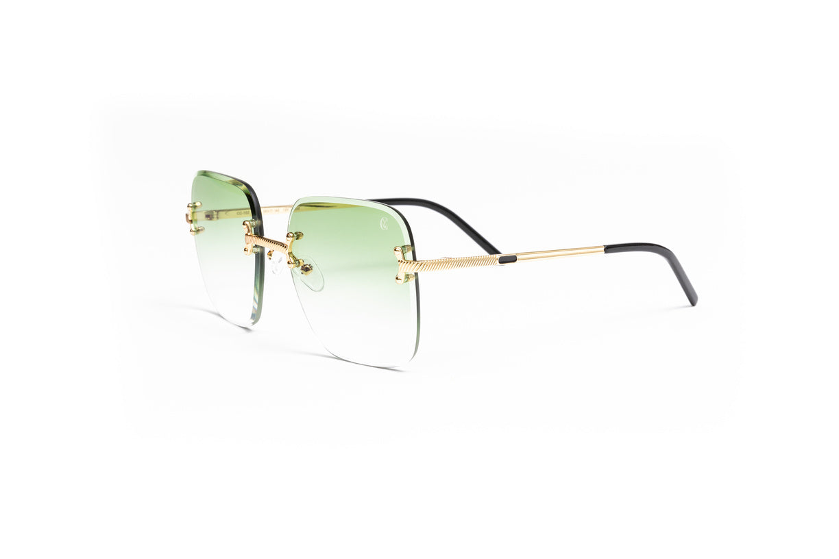 cartier gold frame glasses, vintage julz, vintage frames company, cartier panthere glasses, 18kt gold square rimless sunglasses with gradient green lenses by Vintage Wood Collection