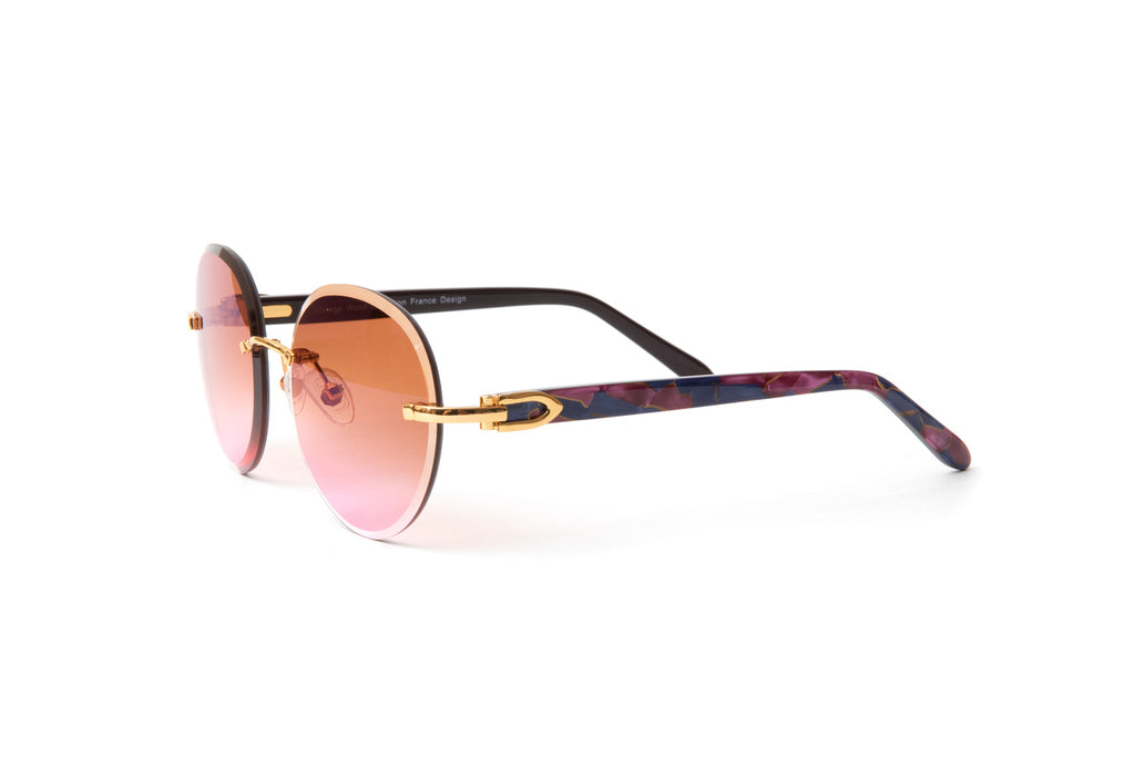 Vintage Wood Collection Santos 24KT gold acetate round sunglasses with pink and blue marbled temples, Cartier comparable eywear