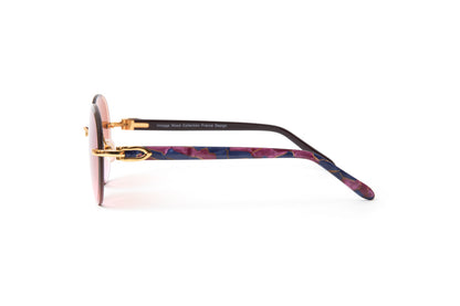 Vintage Wood Collection Santos 24KT gold acetate round sunglasses with pink and blue marbled temples, Cartier comparable eywear