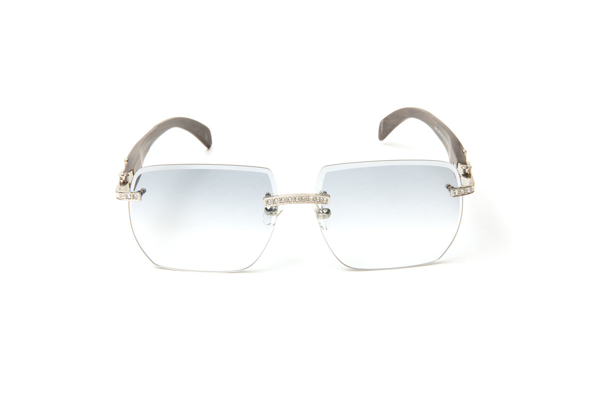 Swarovski diamond set wood sunglasses with gradient grey beveled lenses by Vintage Wood Collection, Cartier look alike frames for men, Cartier wood frames, Quavo glasses, Migos glasses 