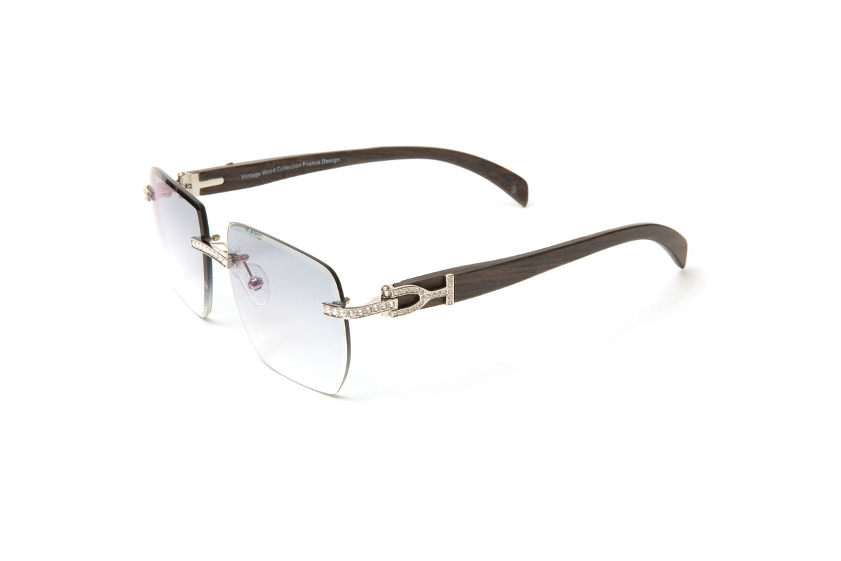 Swarovski diamond set wood sunglasses with gradient grey beveled lenses by Vintage Wood Collection, Cartier look alike frames for men, Cartier wood frames, Quavo glasses, Migos glasses 