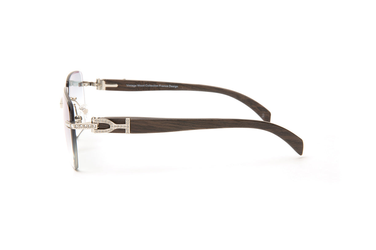 Swarovski diamond set wood sunglasses with gradient grey beveled lenses by Vintage Wood Collection, Cartier look alike frames for men, Cartier wood frames, Quavo glasses, Migos glasses 
