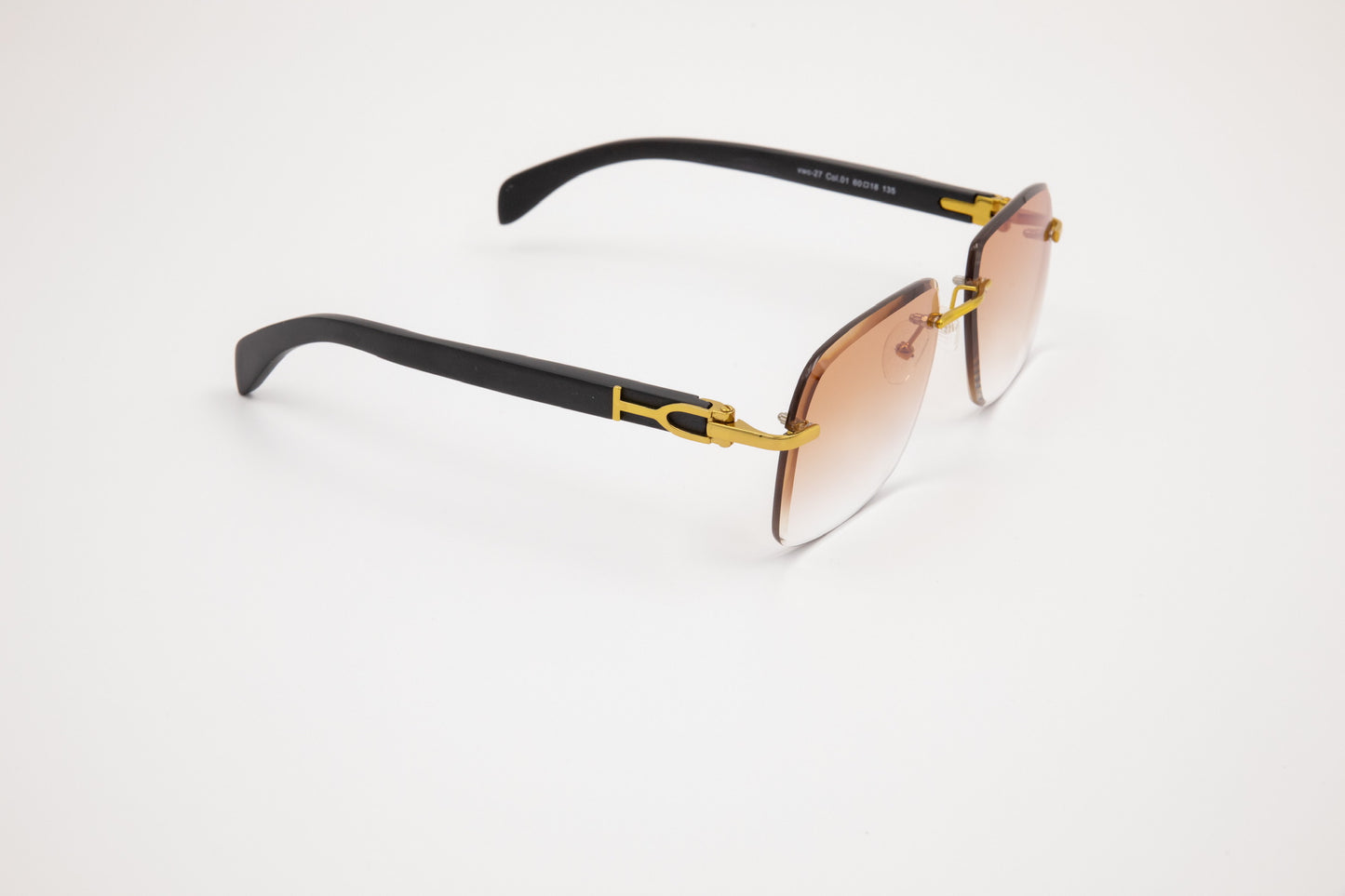Gold & Black Wood Rimless Sunglasses, Gradient Brown Lenses