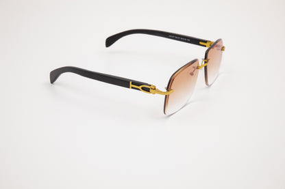 Gold & Black Wood Rimless Sunglasses, Gradient Brown Lenses