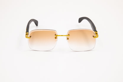 Gold & Black Wood Rimless Sunglasses, Gradient Brown Lenses