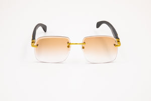 Gold and Black Wood Sunglasses, Gradient Brown Anti Reflective Bevel Lenses, Rimless Frame