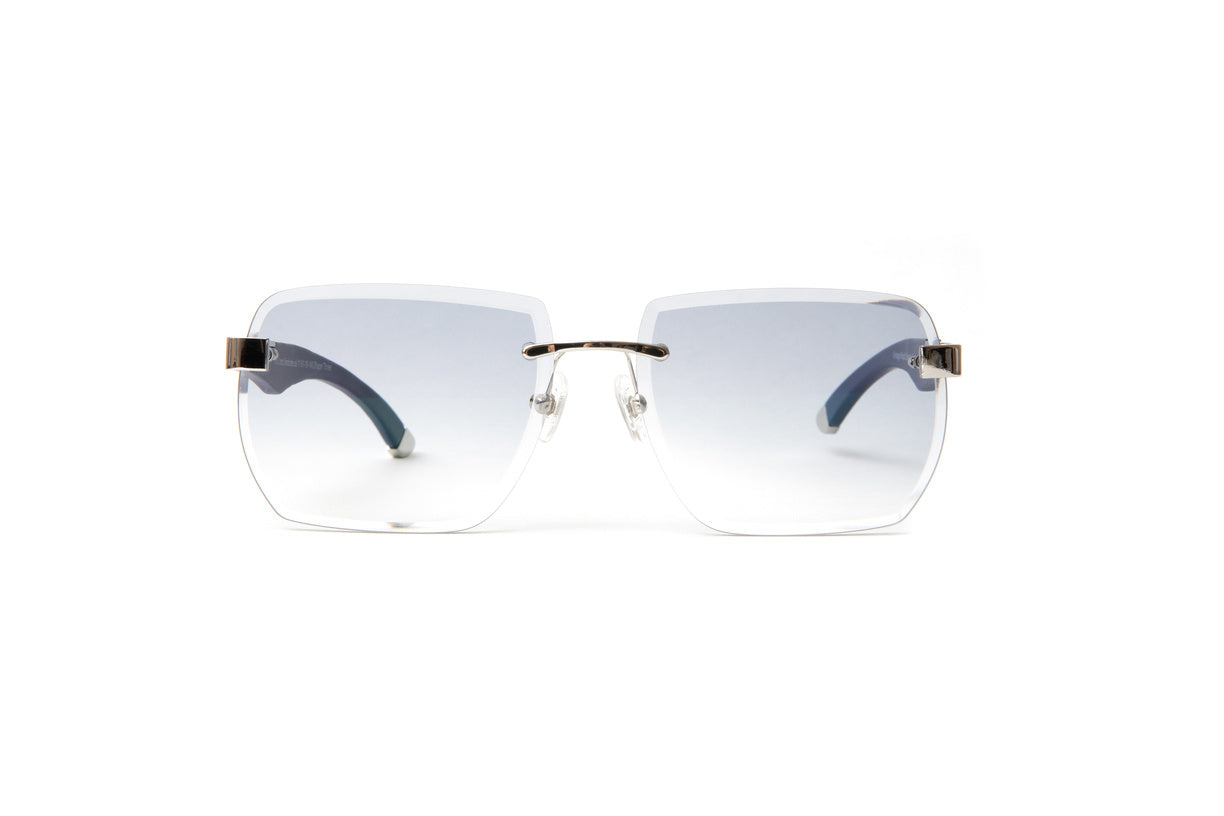 Vendome sunglasses by VWC Eyewear with blue wood temples, silver hardware and gradient grey beveled lenses, a great alternative to Cartier woods
