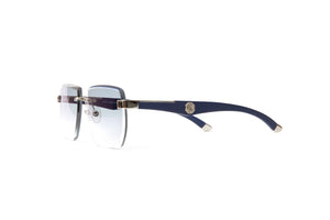 Vendome sunglasses by VWC Eyewear with blue wood temples, silver hardware and gradient grey beveled lenses. Comparable to Maybach Artist sunglasses.