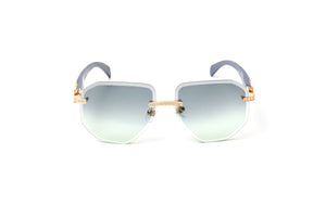 24kt gold plated Swarovski crystal rimless aviator glasses for men with blue wood temples and gradient grey to green lenses, Cartier two  tone glasses, Migos glasses, Urban men's hip hop fashion